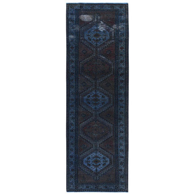 Overdyed & Vintage Wool Hand Knotted Rug Purple Light Blue 3.5X11.0 -O081888