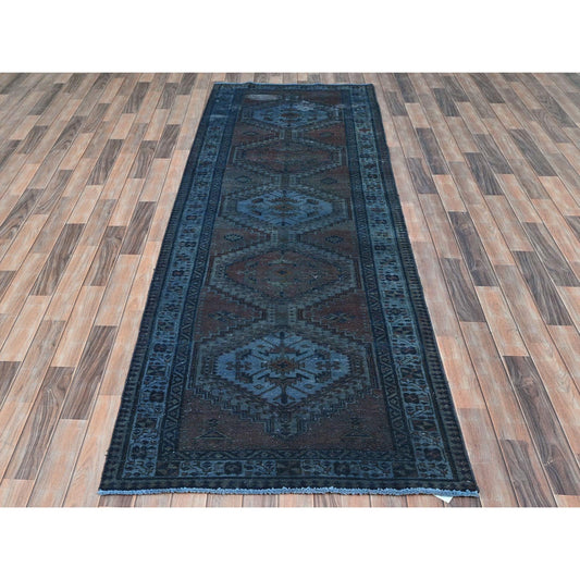 Overdyed & Vintage Wool Hand Knotted Rug Purple Light Blue 3.5X11.0 -O081888