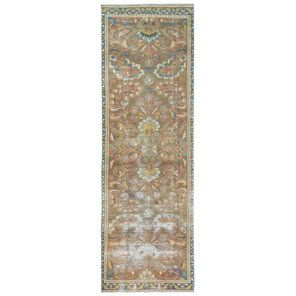 Overdyed & Vintage Wool Hand Knotted Rug Brown Ivory 3.0X10.1 -O081896