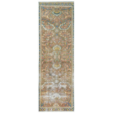 Overdyed & Vintage Wool Hand Knotted Rug Brown Ivory 3.0X10.1 -O081896