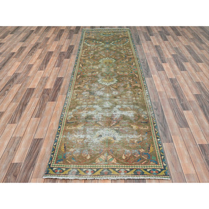 Overdyed & Vintage Wool Hand Knotted Rug Brown Ivory 3.0X10.1 -O081896