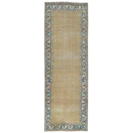 Overdyed & Vintage Wool Hand Knotted Rug Brown Navy Blue 3.3X9.9 -O081897