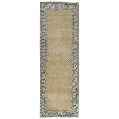 Overdyed & Vintage Wool Hand Knotted Rug Brown Navy Blue 3.3X9.9 -O081897