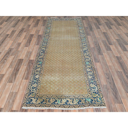 Overdyed & Vintage Wool Hand Knotted Rug Brown Navy Blue 3.3X9.9 -O081897