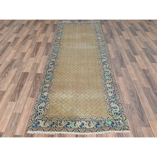 Overdyed & Vintage Wool Hand Knotted Rug Brown Navy Blue 3.3X9.9 -O081897