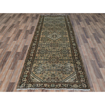 Overdyed & Vintage Wool Hand Knotted Rug Beige Chocolate Brown 3.4X9.9 -O081900