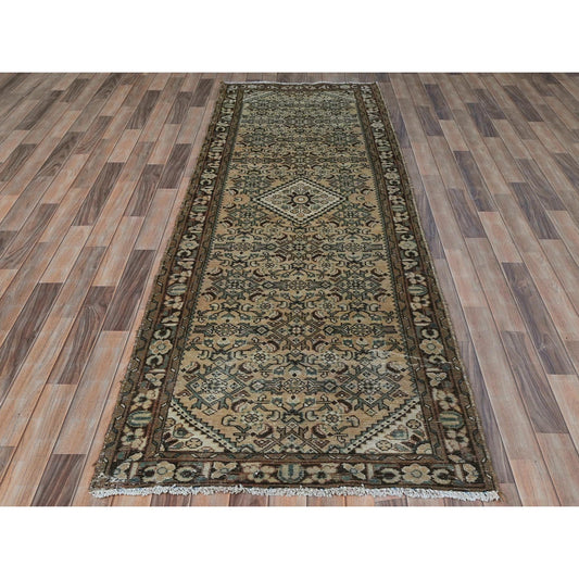 Overdyed & Vintage Wool Hand Knotted Rug Beige Chocolate Brown 3.4X9.9 -O081900
