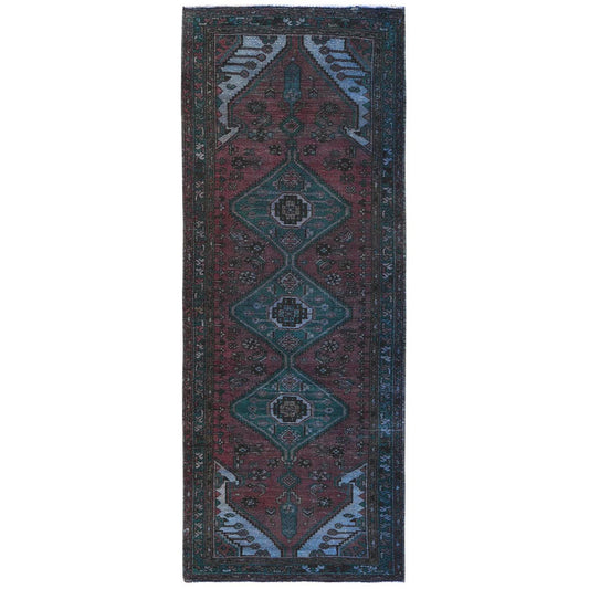 Overdyed & Vintage Wool Hand Knotted Rug Red Green 3.5X9.7 -O081919