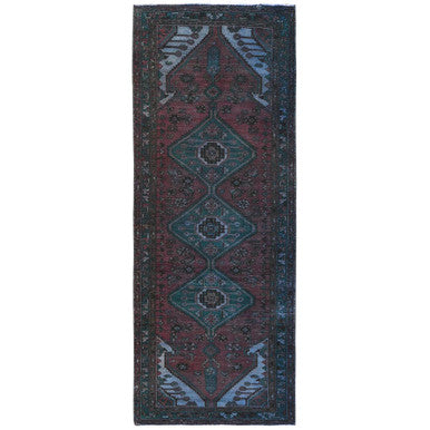 Overdyed & Vintage Wool Hand Knotted Rug Red Green 3.5X9.7 -O081919
