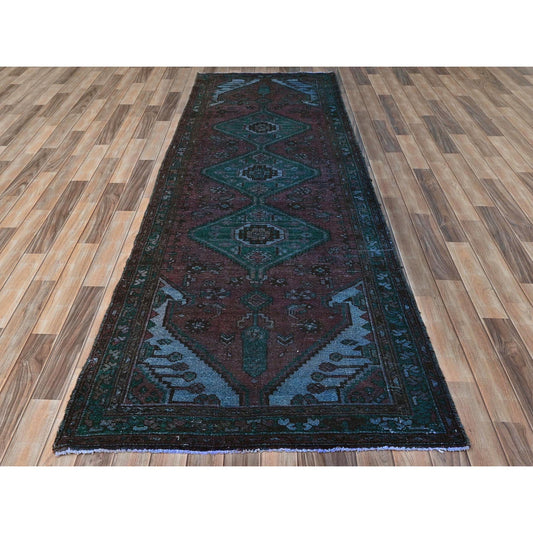 Overdyed & Vintage Wool Hand Knotted Rug Red Green 3.5X9.7 -O081919