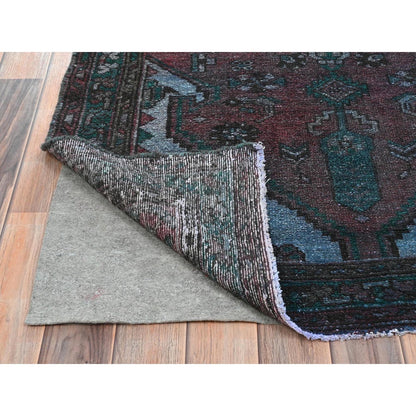 Overdyed & Vintage Wool Hand Knotted Rug Red Green 3.5X9.7 -O081919