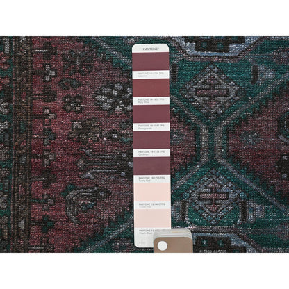 Overdyed & Vintage Wool Hand Knotted Rug Red Green 3.5X9.7 -O081919