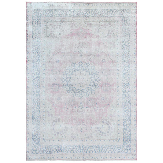 Persian Worn Wool Hand Knotted Rug Pink Blue 8.5X11.9 -O081930