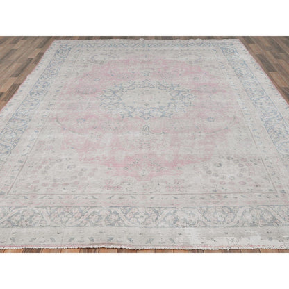 Persian Worn Wool Hand Knotted Rug Pink Blue 8.5X11.9 -O081930