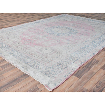 Persian Worn Wool Hand Knotted Rug Pink Blue 8.5X11.9 -O081930