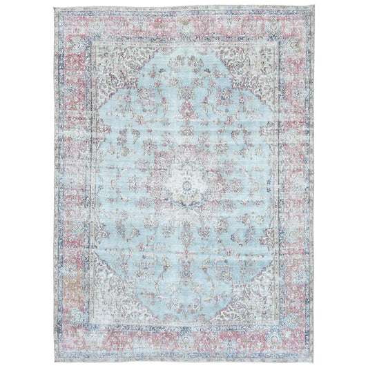 Persian Worn Wool Hand Knotted Rug Blue Red 9.7X13.2 -O081934