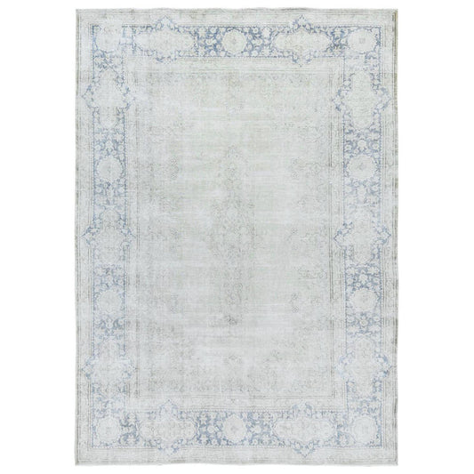 Persian Worn Wool Hand Knotted Rug Ivory Blue 7.0X10.0 -O081940