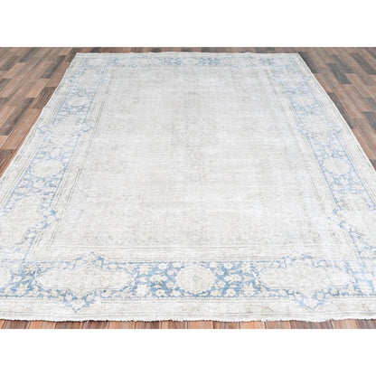 Persian Worn Wool Hand Knotted Rug Ivory Blue 7.0X10.0 -O081940