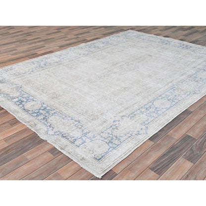 Persian Worn Wool Hand Knotted Rug Ivory Blue 7.0X10.0 -O081940
