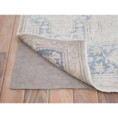 Persian Worn Wool Hand Knotted Rug Ivory Blue 7.0X10.0 -O081940