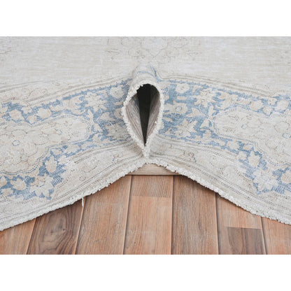 Persian Worn Wool Hand Knotted Rug Ivory Blue 7.0X10.0 -O081940
