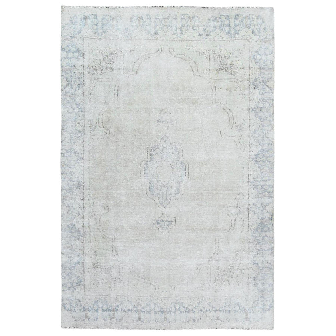 Ivory 6'3" x 9'6" Persian Worn Hand knotted Wool Rug - Sku: O081943