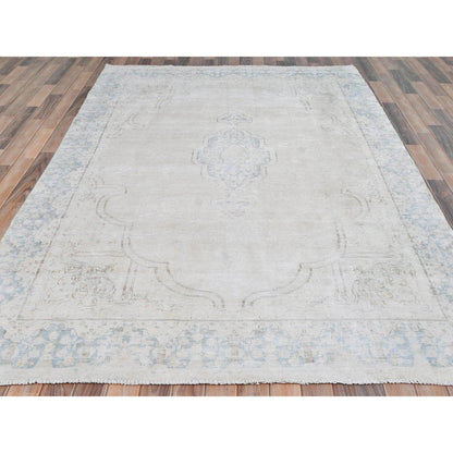 Persian Worn Wool Hand Knotted Rug Ivory Blue 6.3X9.6 -O081943