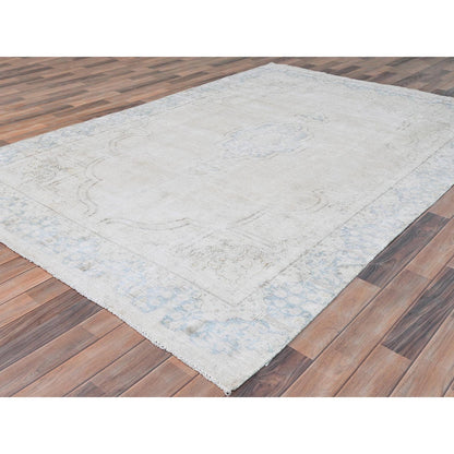 Persian Worn Wool Hand Knotted Rug Ivory Blue 6.3X9.6 -O081943