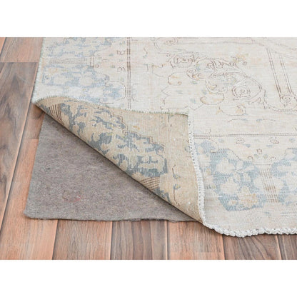 Persian Worn Wool Hand Knotted Rug Ivory Blue 6.3X9.6 -O081943
