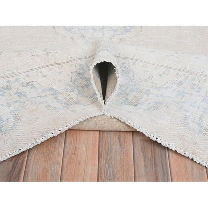 Persian Worn Wool Hand Knotted Rug Ivory Blue 6.3X9.6 -O081943