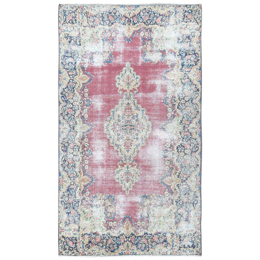 Persian Worn Wool Hand Knotted Rug Red Navy Blue 3.9X7.0 -O081946
