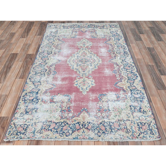 Persian Worn Wool Hand Knotted Rug Red Navy Blue 3.9X7.0 -O081946