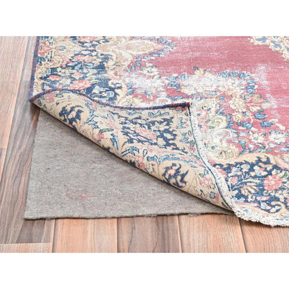 Persian Worn Wool Hand Knotted Rug Red Navy Blue 3.9X7.0 -O081946