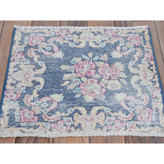 Overdyed & Vintage Worn Wool Hand Knotted Rug Blue No Border 1.6X1.7 -O081948
