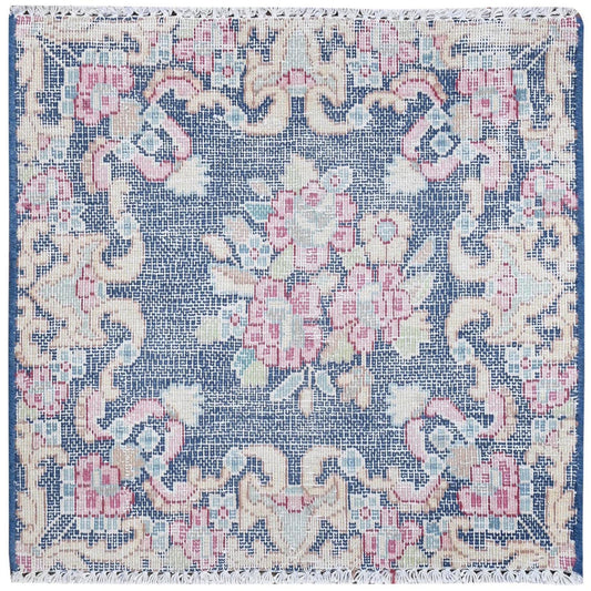 Overdyed & Vintage Worn Wool Hand Knotted Rug Blue No Border 1.6X1.7 -O081950