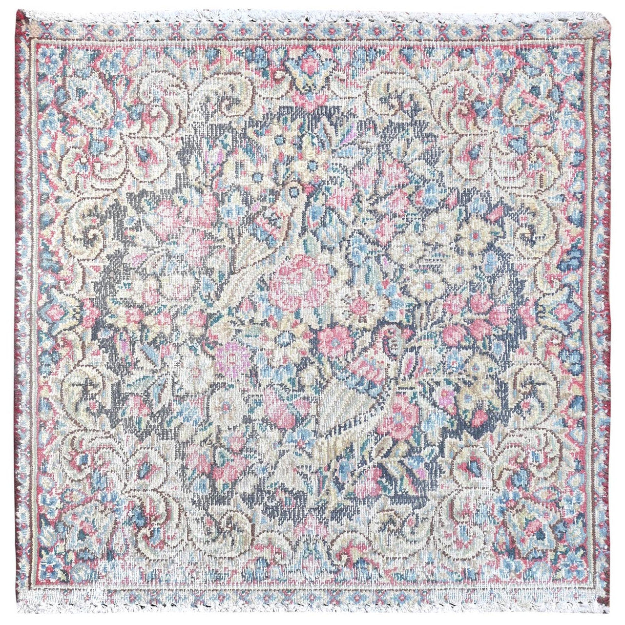 Ivory 1'8" x 1'9" Overdyed & Vintage Worn Multicolored Hand knotted Wool Rug - Sku: O081953