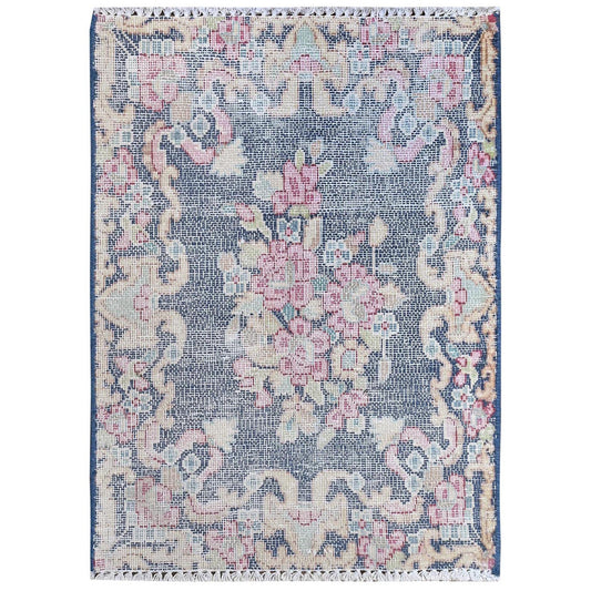 Overdyed & Vintage Worn Wool Hand Knotted Rug Blue No Border 1.6X2.1 -O081954