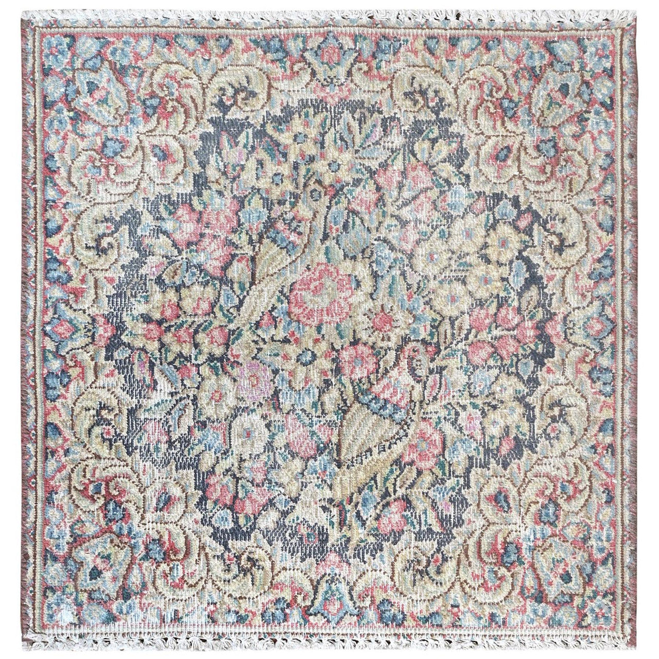 Ivory 1'8" x 1'8" Overdyed & Vintage Worn Multicolored Hand knotted Wool Rug - Sku: O081956