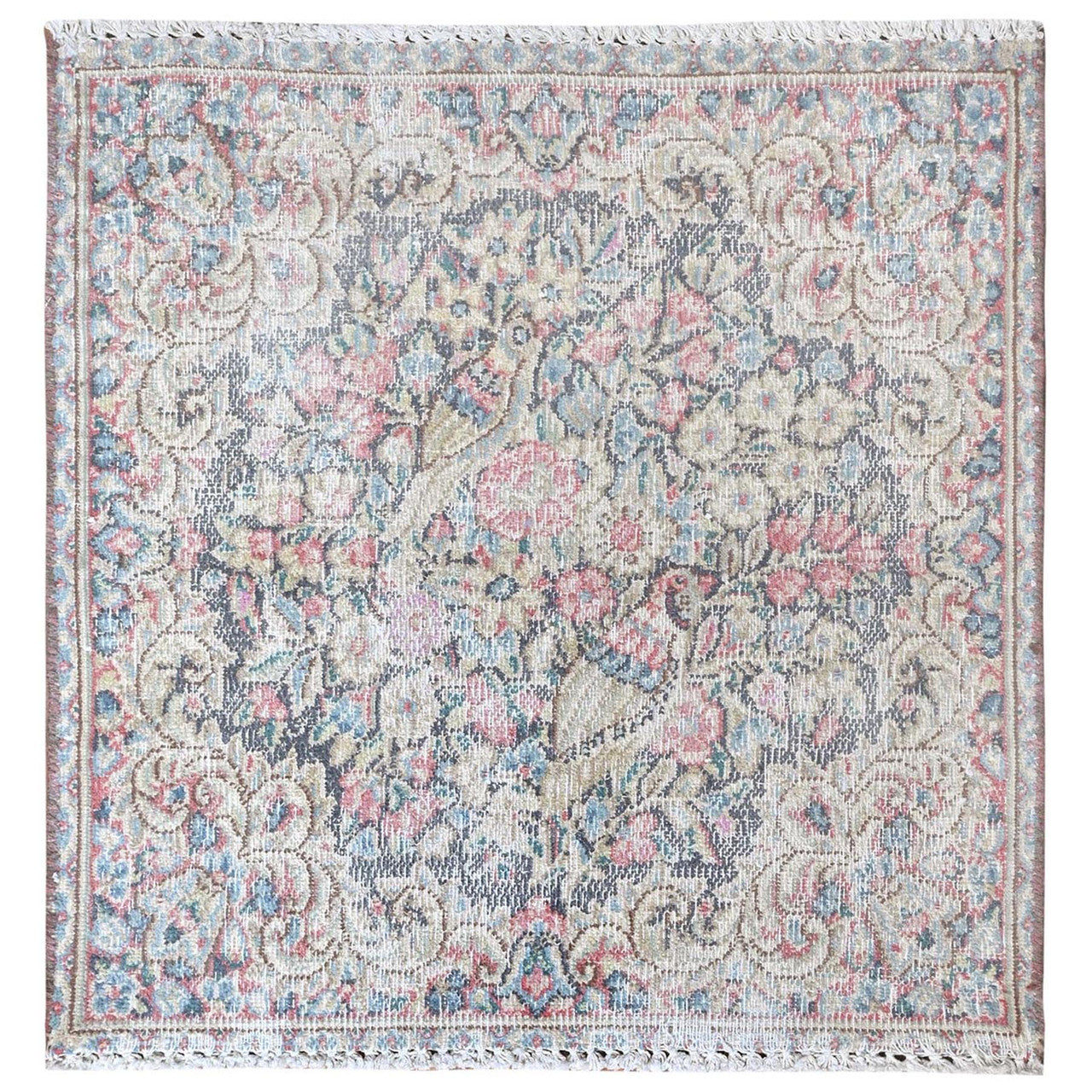 Ivory 1'9" x 1'8" Overdyed & Vintage Worn Multicolored Hand knotted Wool Rug - Sku: O081957