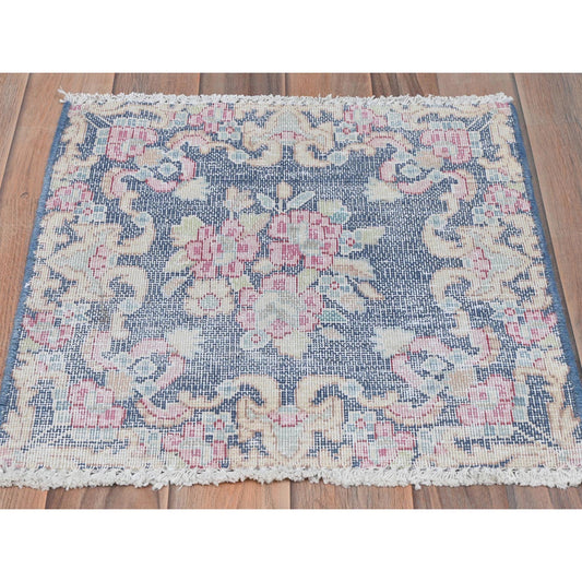Overdyed & Vintage Worn Wool Hand Knotted Rug Blue No Border 1.7X1.7 -O081959