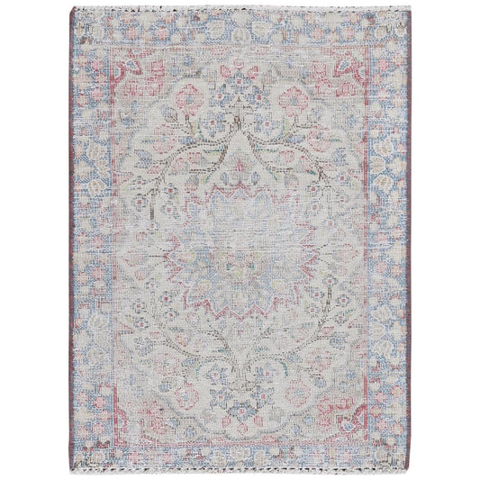 Persian Worn Wool Hand Knotted Rug Ivory Blue 1.10X2.6 -O081964