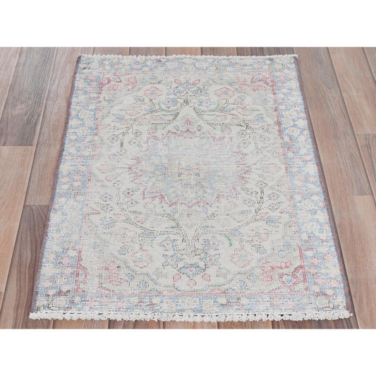 Persian Worn Wool Hand Knotted Rug Ivory Blue 1.10X2.6 -O081964