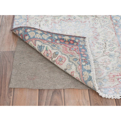 Persian Worn Wool Hand Knotted Rug Ivory Blue 1.10X2.6 -O081964