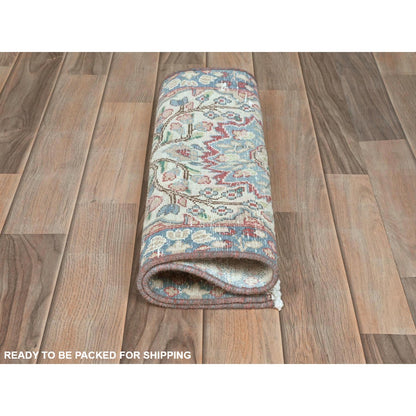 Persian Worn Wool Hand Knotted Rug Ivory Blue 1.10X2.6 -O081964