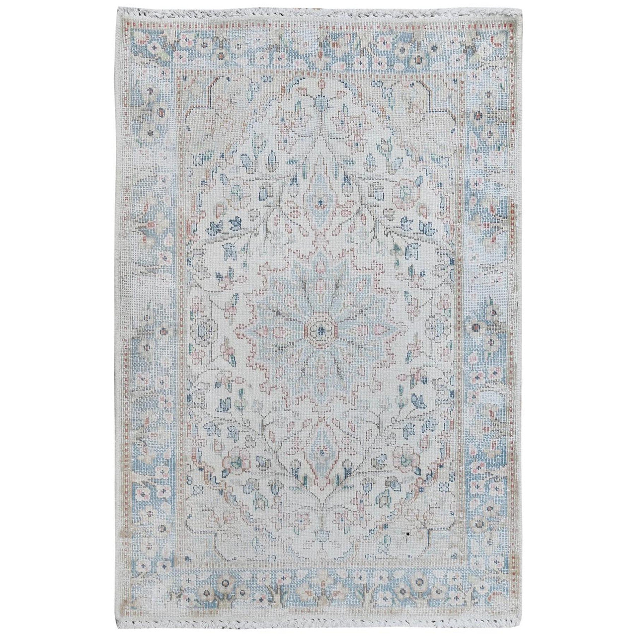 Ivory 2'0" x 2'10" Persian Worn Hand knotted Wool Rug - Sku: O081965
