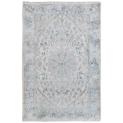 Persian Worn Wool Hand Knotted Rug Ivory Blue 2.0X2.10 -O081965