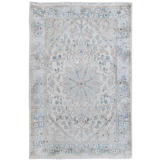 Persian Worn Wool Hand Knotted Rug Ivory Blue 2.0X2.10 -O081965