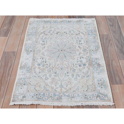 Persian Worn Wool Hand Knotted Rug Ivory Blue 2.0X2.10 -O081965
