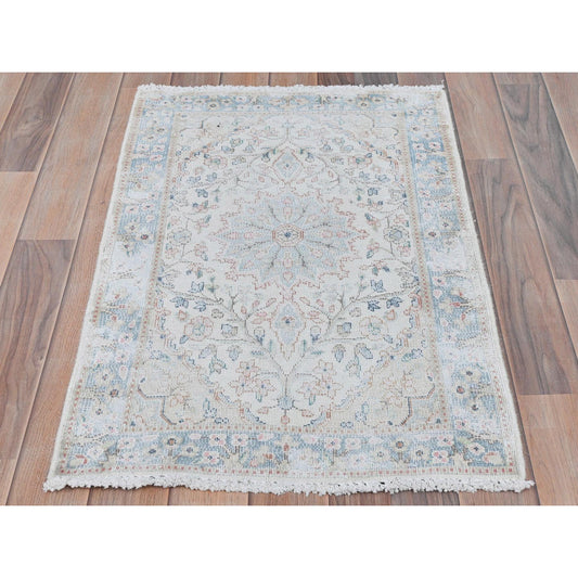 Persian Worn Wool Hand Knotted Rug Ivory Blue 2.0X2.10 -O081965