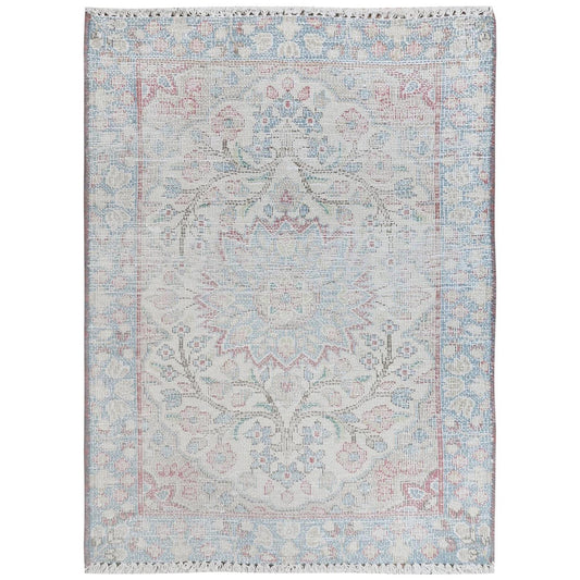 Persian Worn Wool Hand Knotted Rug Ivory Blue 2.0X2.7 -O081966